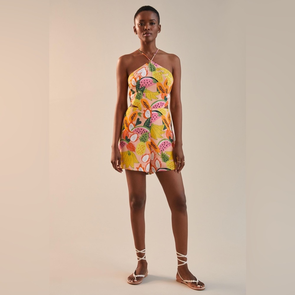 Anthropologie Yellow Tropical Print Halter Romper